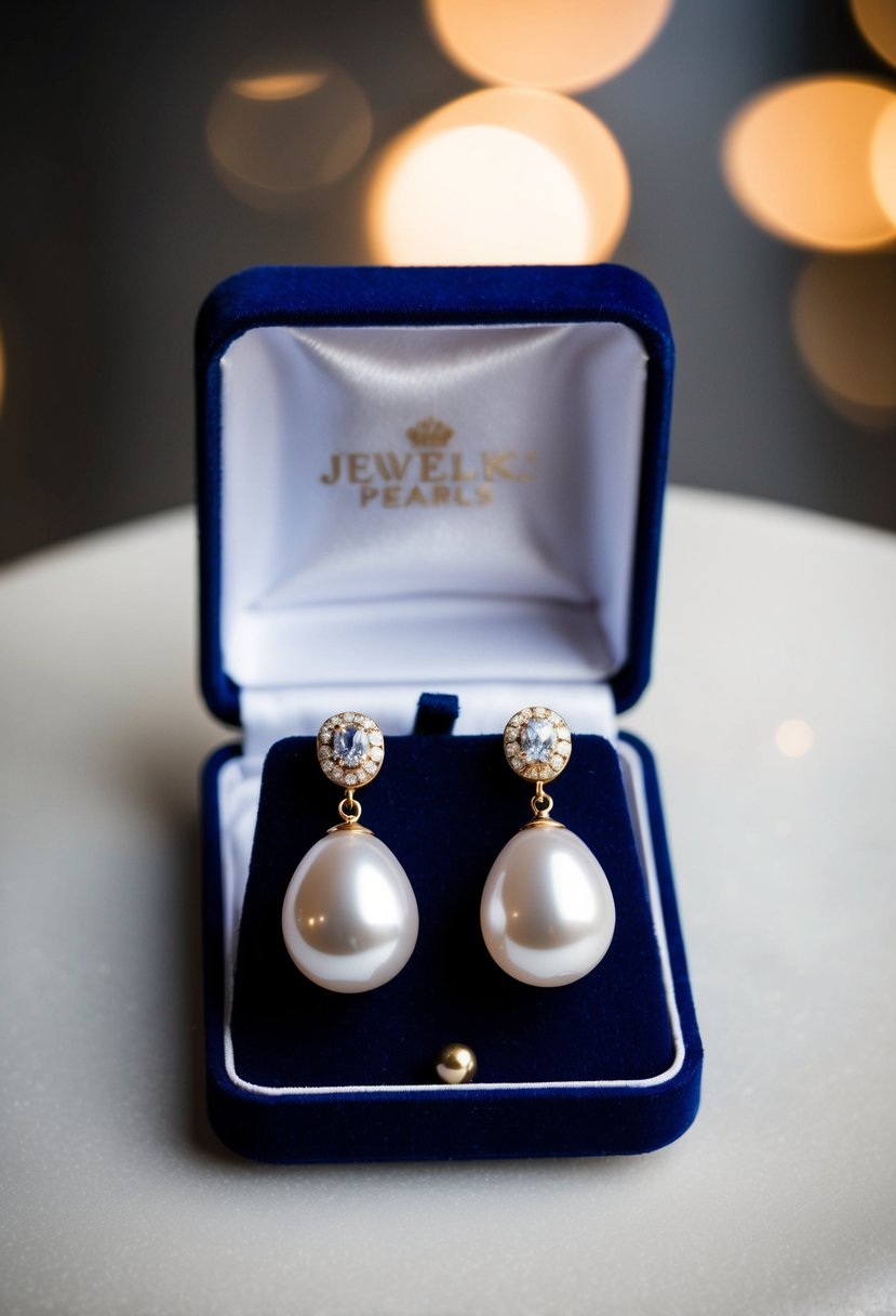 A pair of navy pearl drop earrings resting on a velvet jewelry box