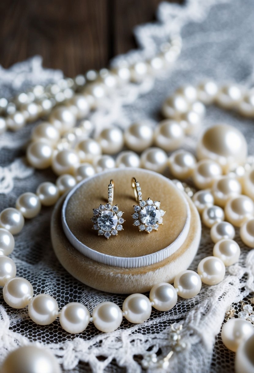 A pair of delicate white wedding earrings resting on a soft velvet cushion, surrounded by shimmering pearls and lace