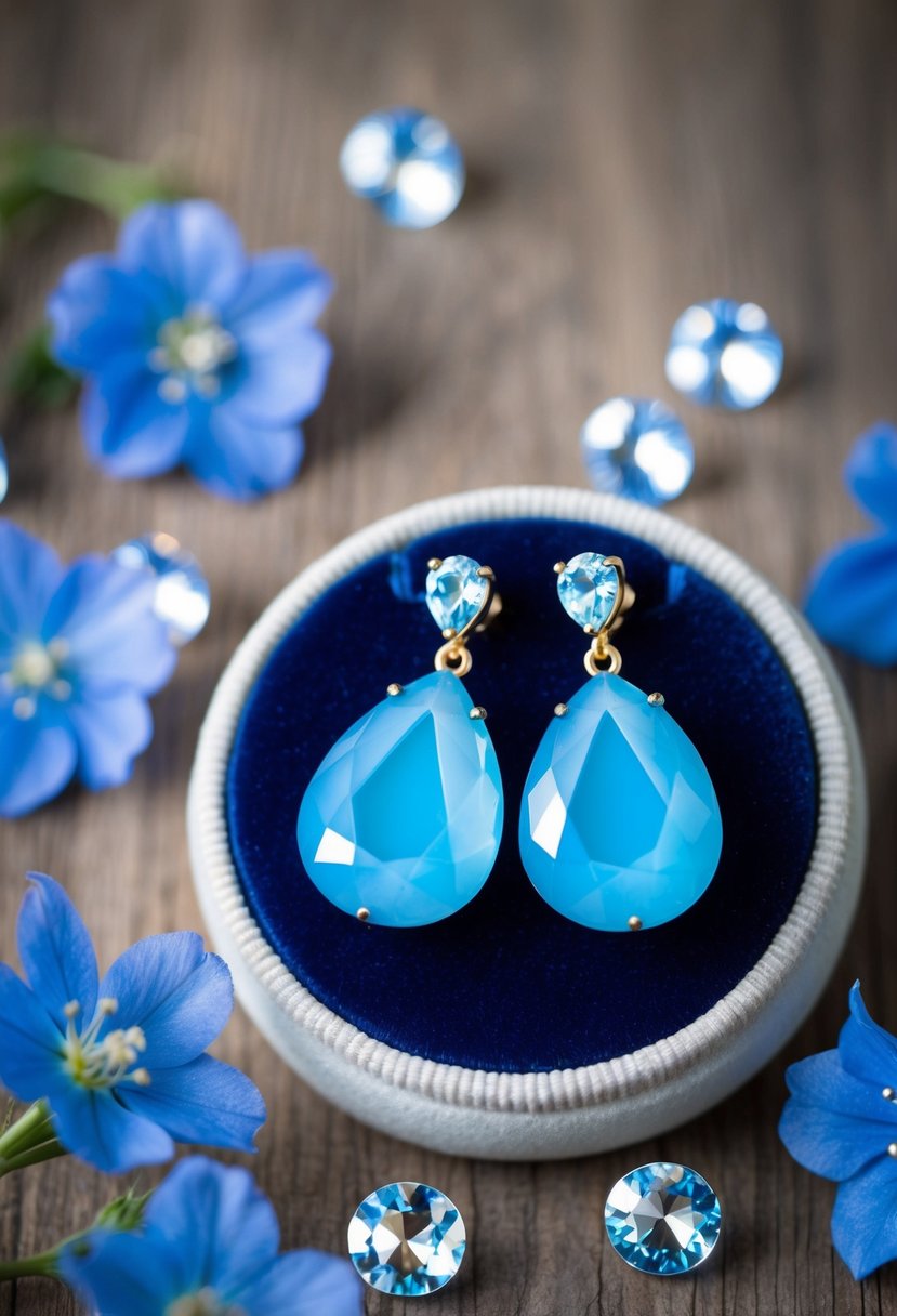 A pair of sky blue teardrop earrings displayed on a velvet cushion, surrounded by delicate blue flowers and shimmering crystals