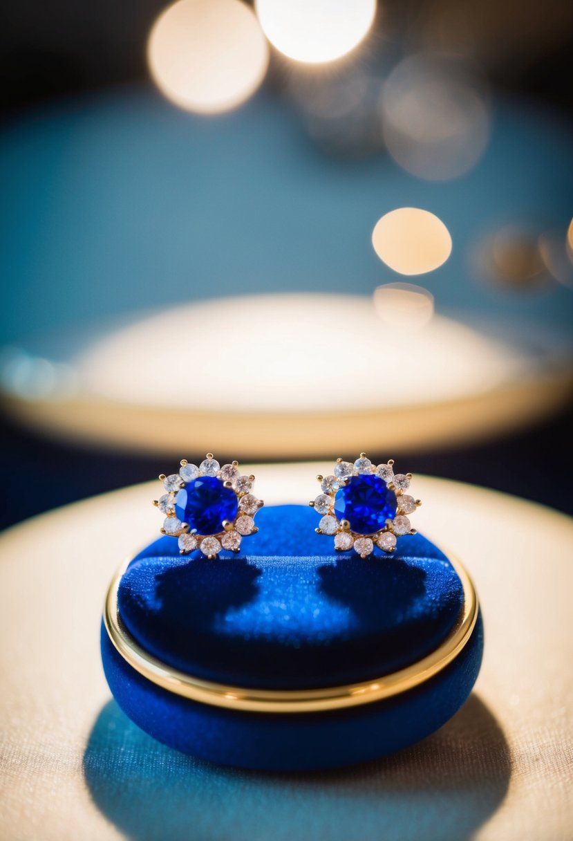 A cobalt blue wedding earring set displayed on a velvet cushion, with soft lighting casting a gentle glow on the sparkling studs