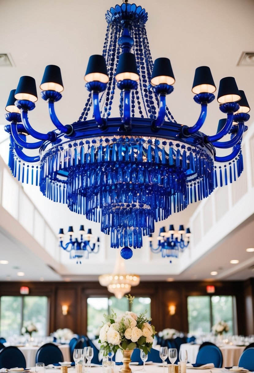 A grand navy blue chandelier hangs above a table adorned with elegant navy wedding earrings