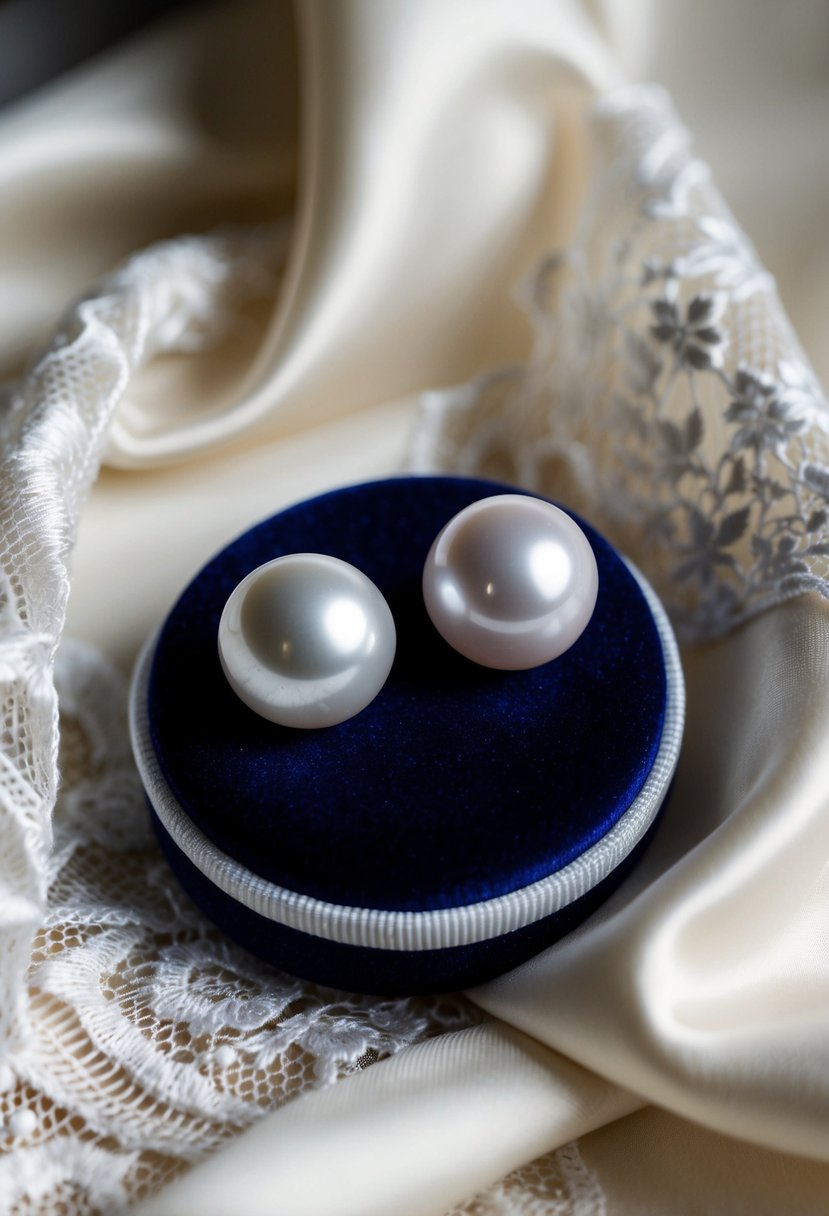 Two white pearl studs resting on a velvet cushion, surrounded by delicate lace and satin fabric