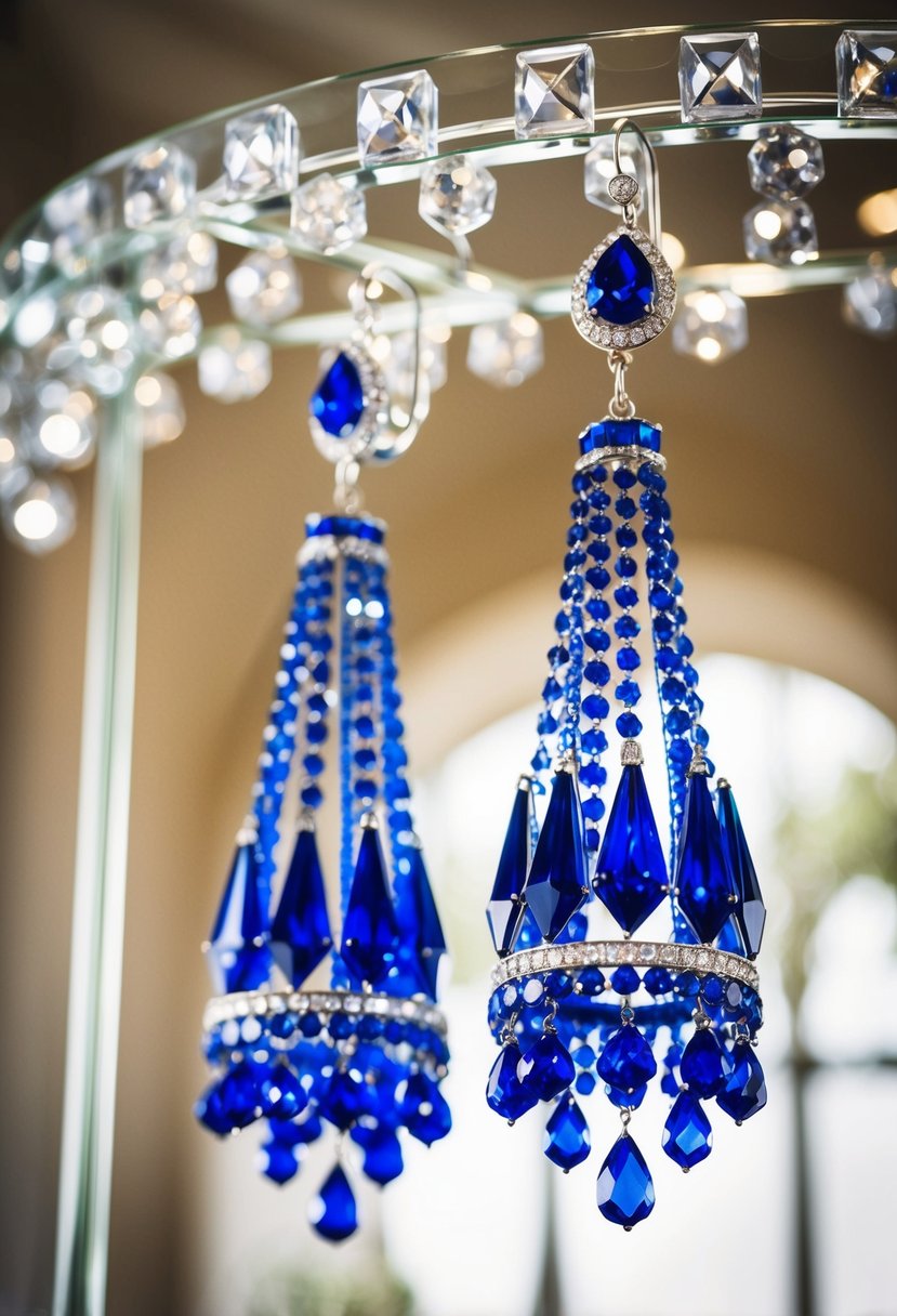 A pair of royal blue chandelier earrings suspended from a delicate display, casting a shimmering glow in a luxurious wedding setting