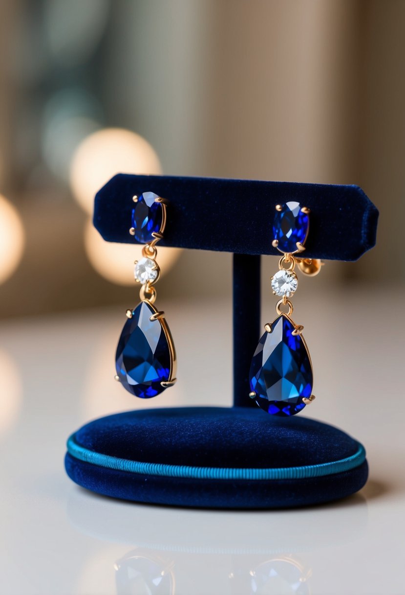 A pair of navy double-drop crystal earrings displayed on a velvet cushion with soft lighting and a subtle reflection