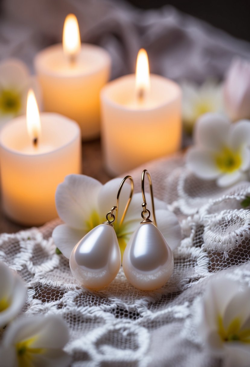 A pair of white teardrop pearl earrings resting on a delicate lace fabric, surrounded by soft petals and shimmering in the warm glow of candlelight