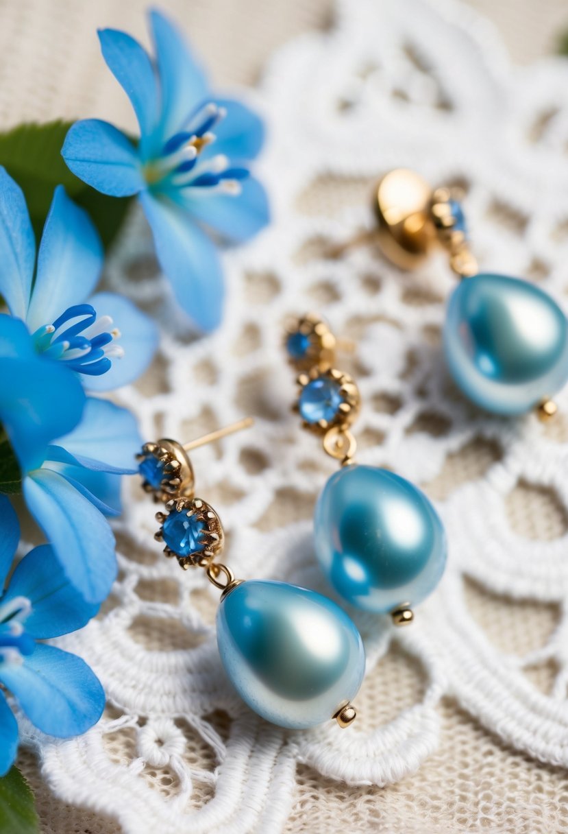 Light blue pearl drop earrings on a white lace background with delicate blue flowers