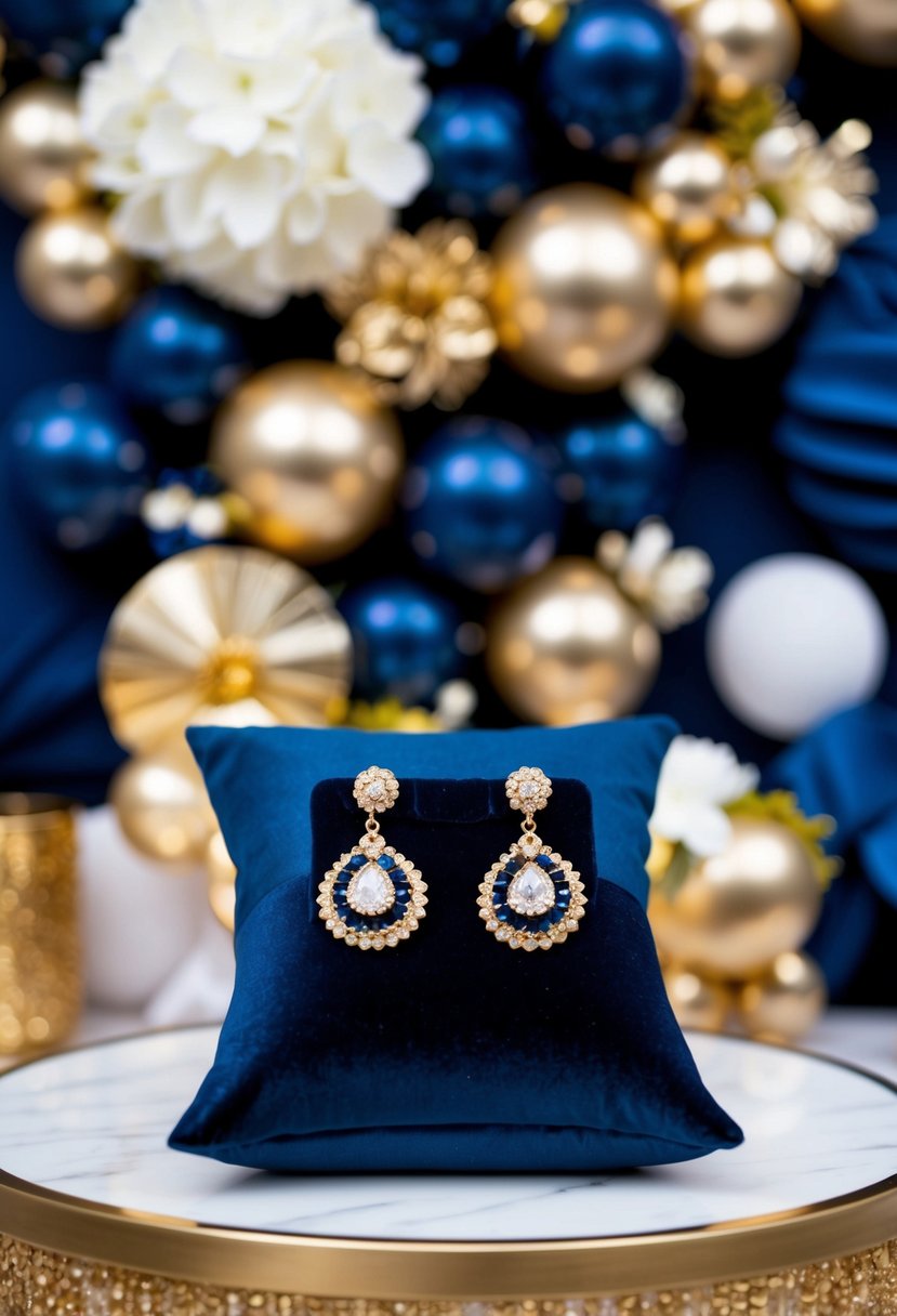 A pair of navy and gold earrings displayed on a velvet pillow against a backdrop of navy and gold wedding decor