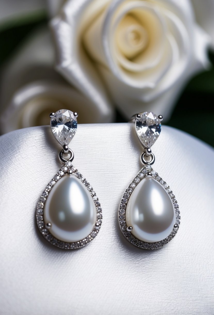 A pair of elegant cubic zirconia and white pearl drop earrings displayed on a white satin background, catching the light and exuding sophistication