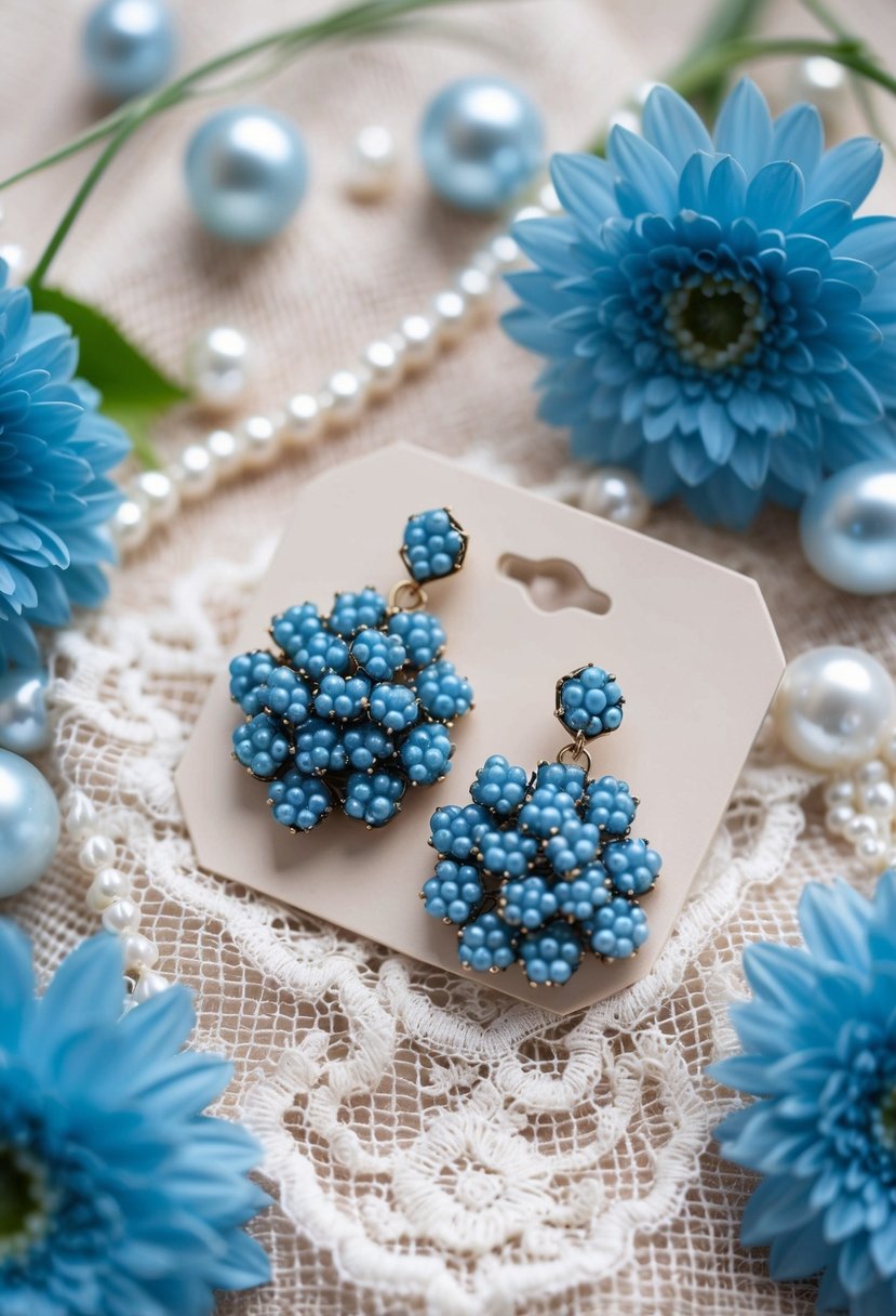 A pair of dusty blue cluster earrings displayed on a delicate lace fabric, surrounded by soft blue flowers and shimmering pearls