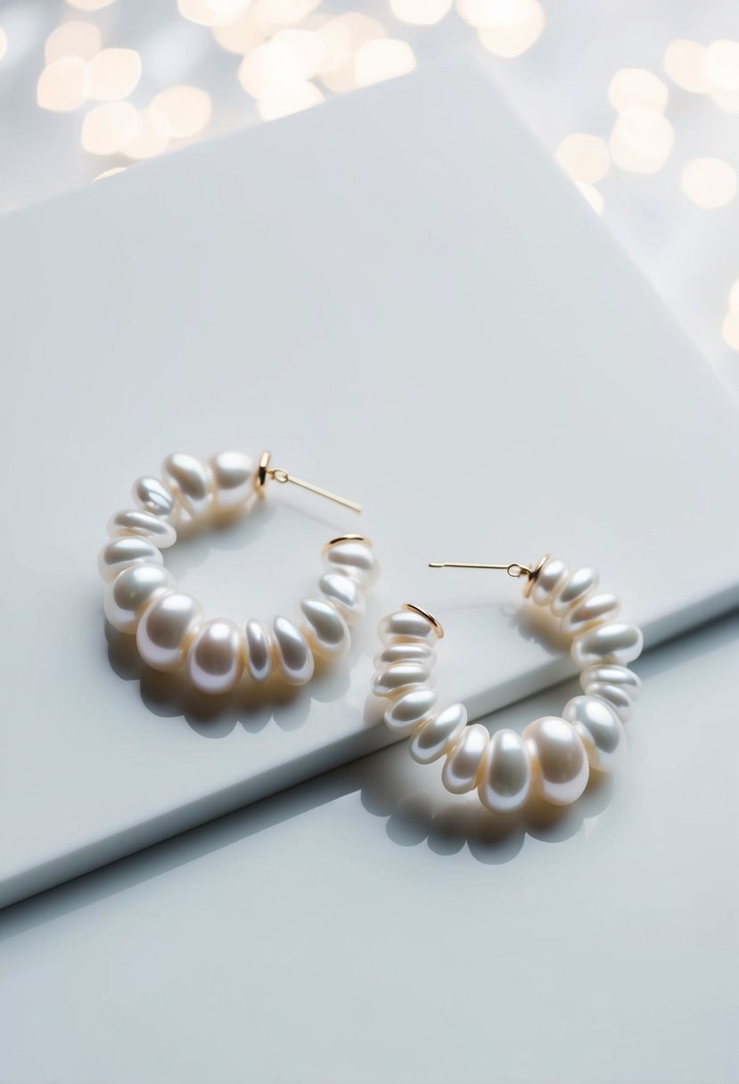 A pair of minimalist white baroque pearl hoops, set against a clean, white background with soft lighting