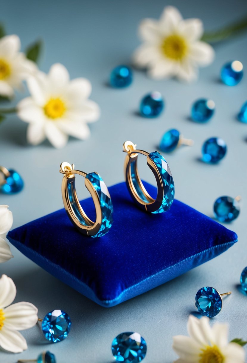 A pair of Blue Topaz Huggie Hoops earrings displayed on a velvet cushion, surrounded by delicate white flowers and shimmering blue gemstones