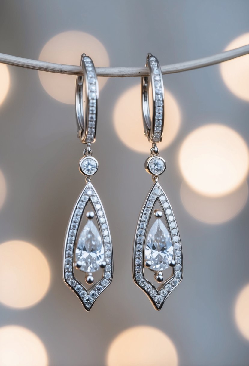 A pair of white gold and diamond dangler earrings, gleaming under soft lighting, with intricate details and sparkling gems