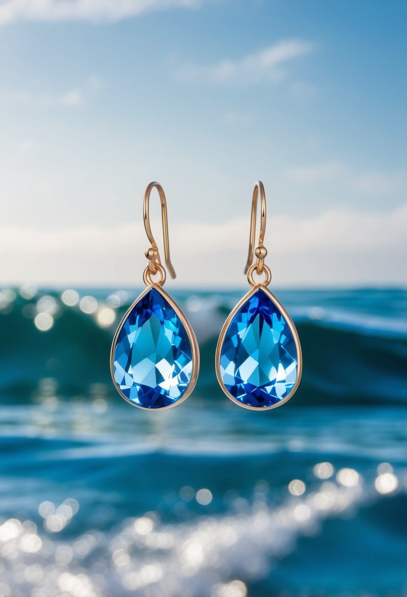 A pair of ocean blue gemstone drop earrings set against a backdrop of shimmering waves and a cloudless sky