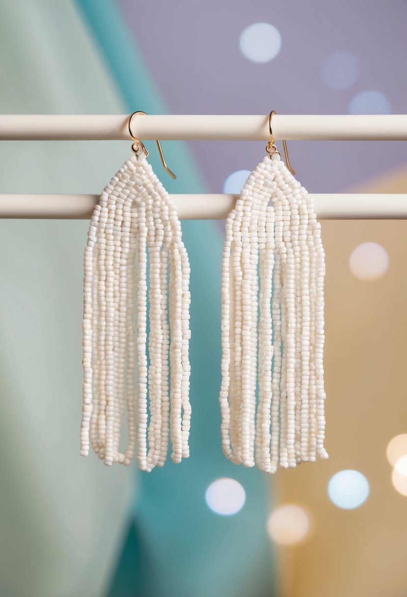 A pair of chunky white beaded fringe earrings hanging against a soft, pastel background