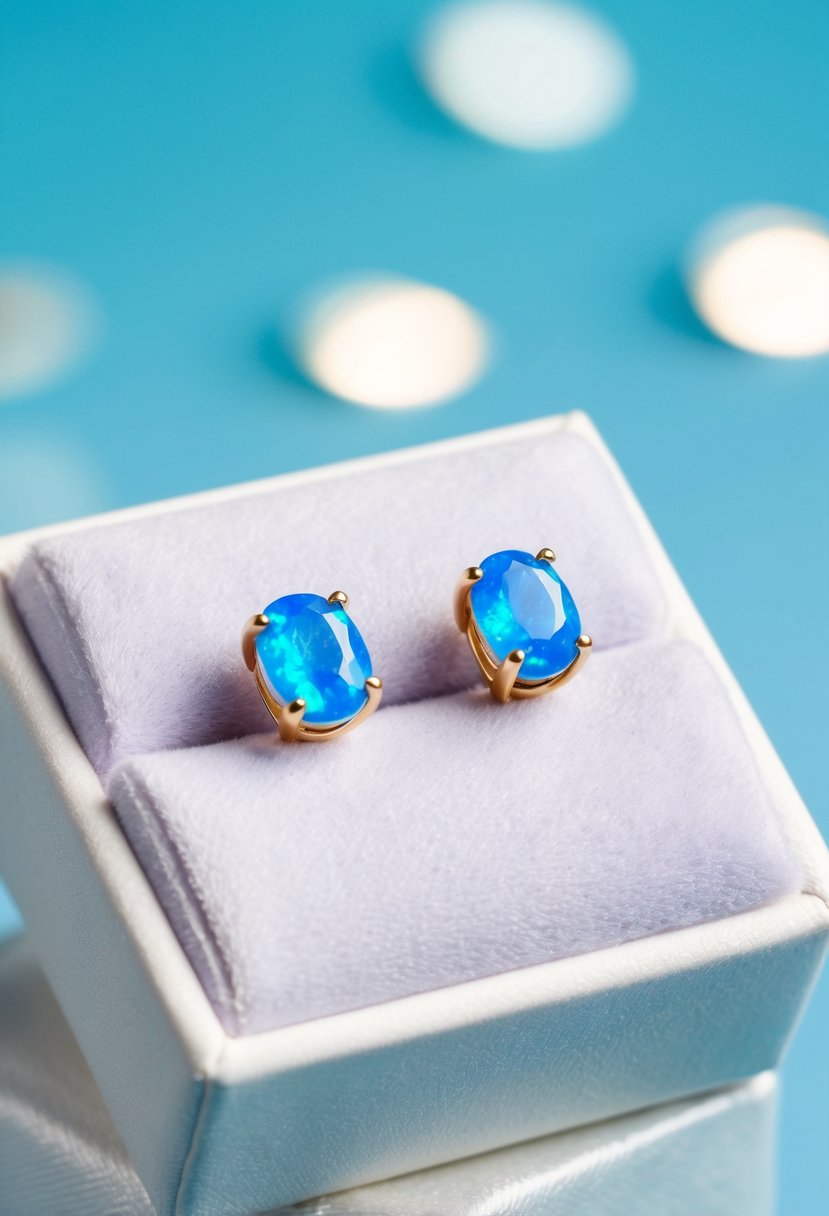 Two delicate blue opal post earrings displayed on a white velvet cushion against a soft blue background