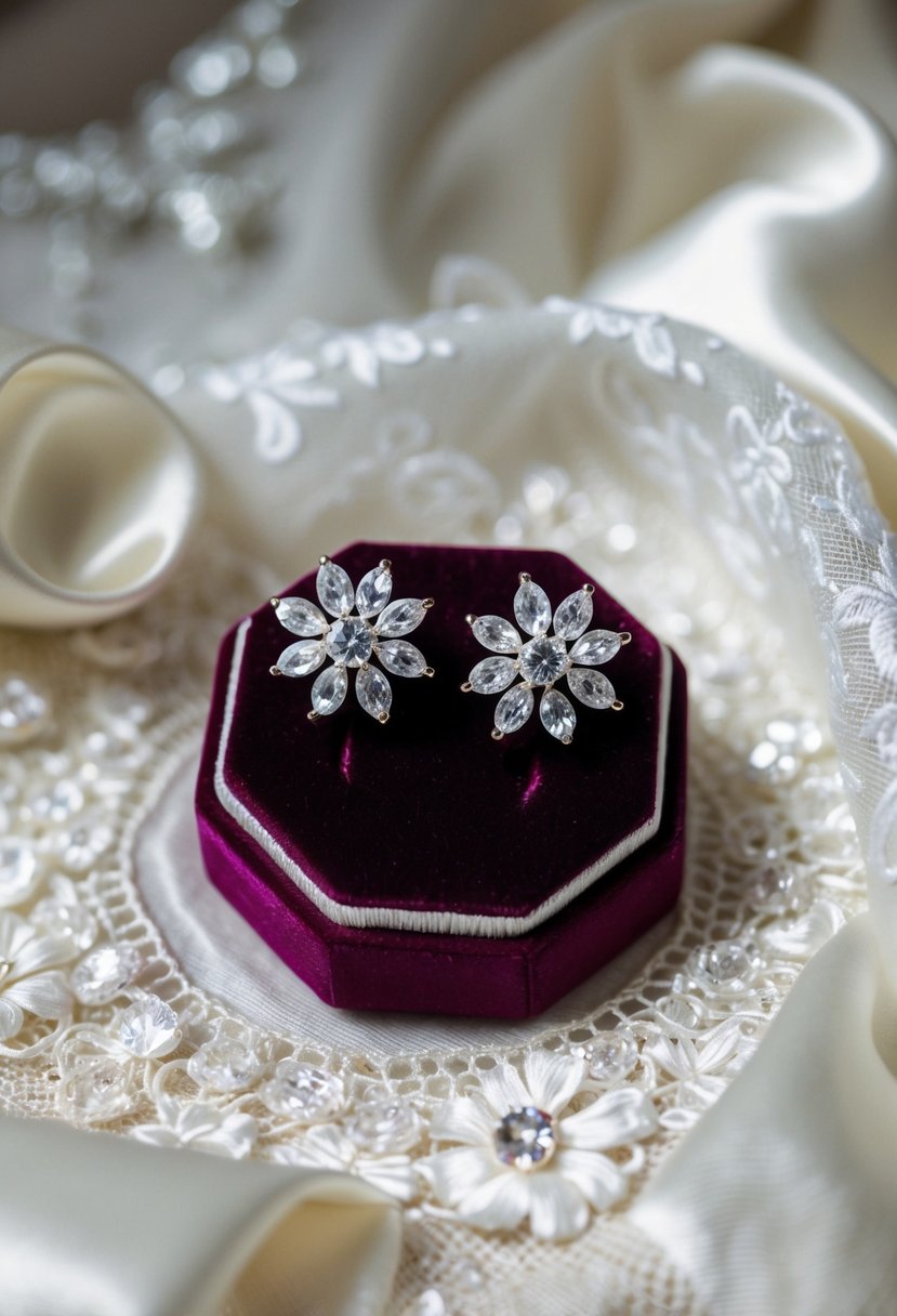 A pair of white floral crystal studs gleaming on a velvet jewelry display, surrounded by delicate lace and satin fabric