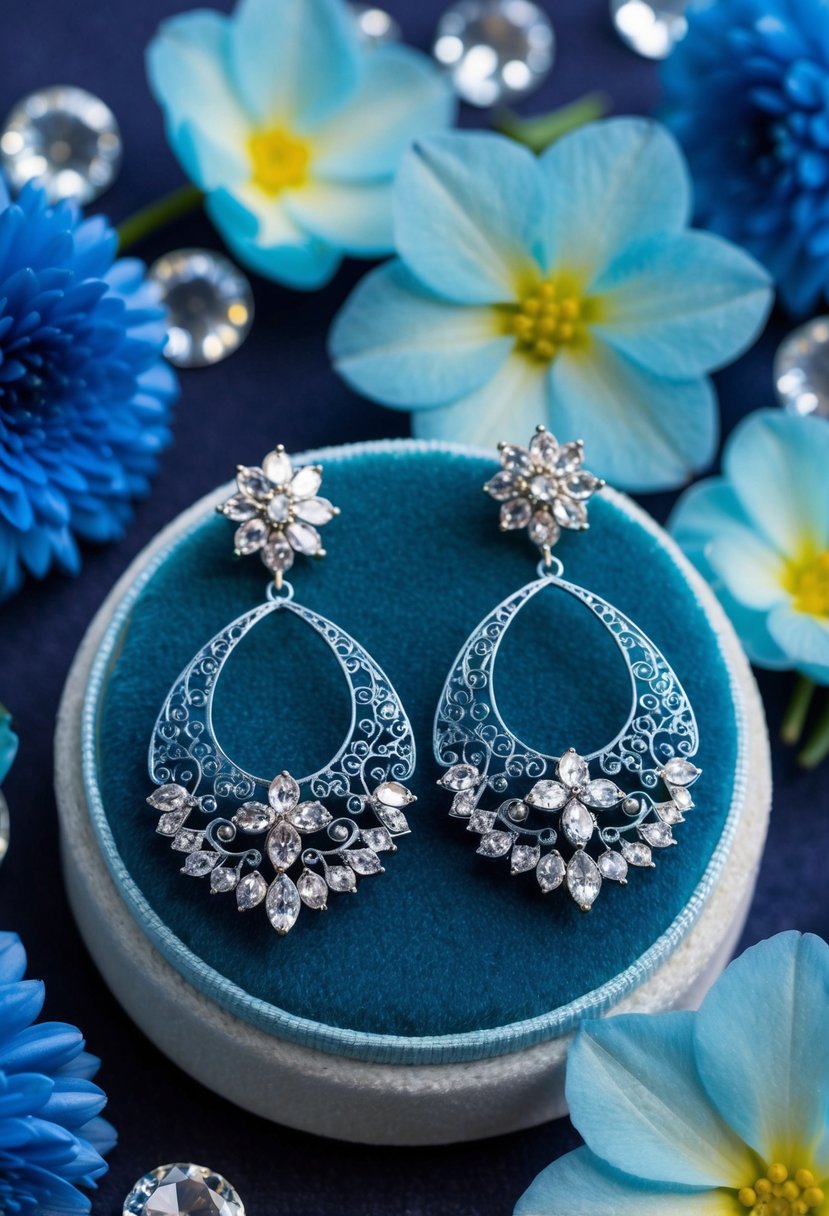 A pair of indigo filigree earrings delicately displayed on a velvet cushion, surrounded by soft blue flowers and sparkling crystals