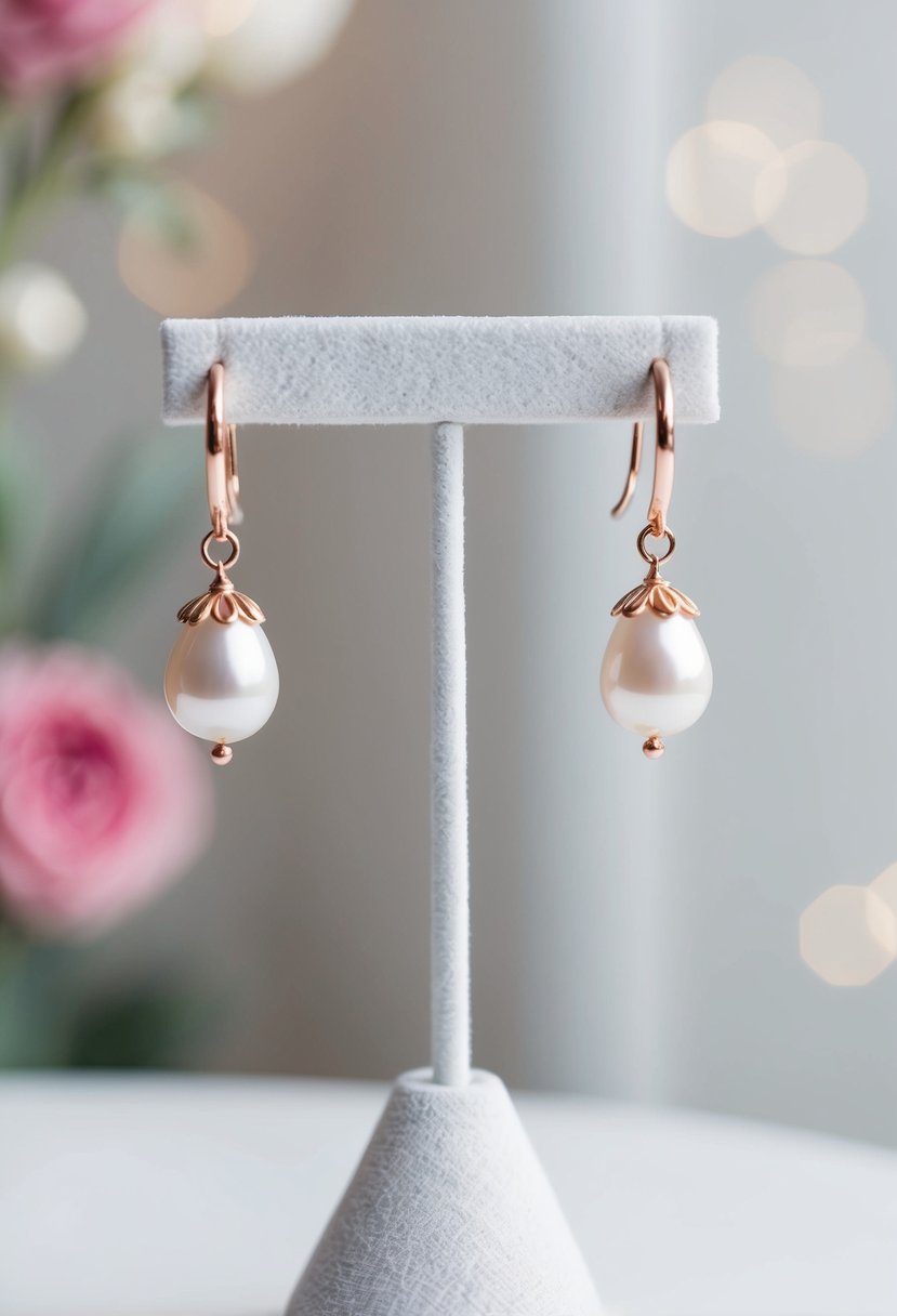 A pair of delicate rose gold and white pearl dangle earrings displayed on a pristine white velvet jewelry stand