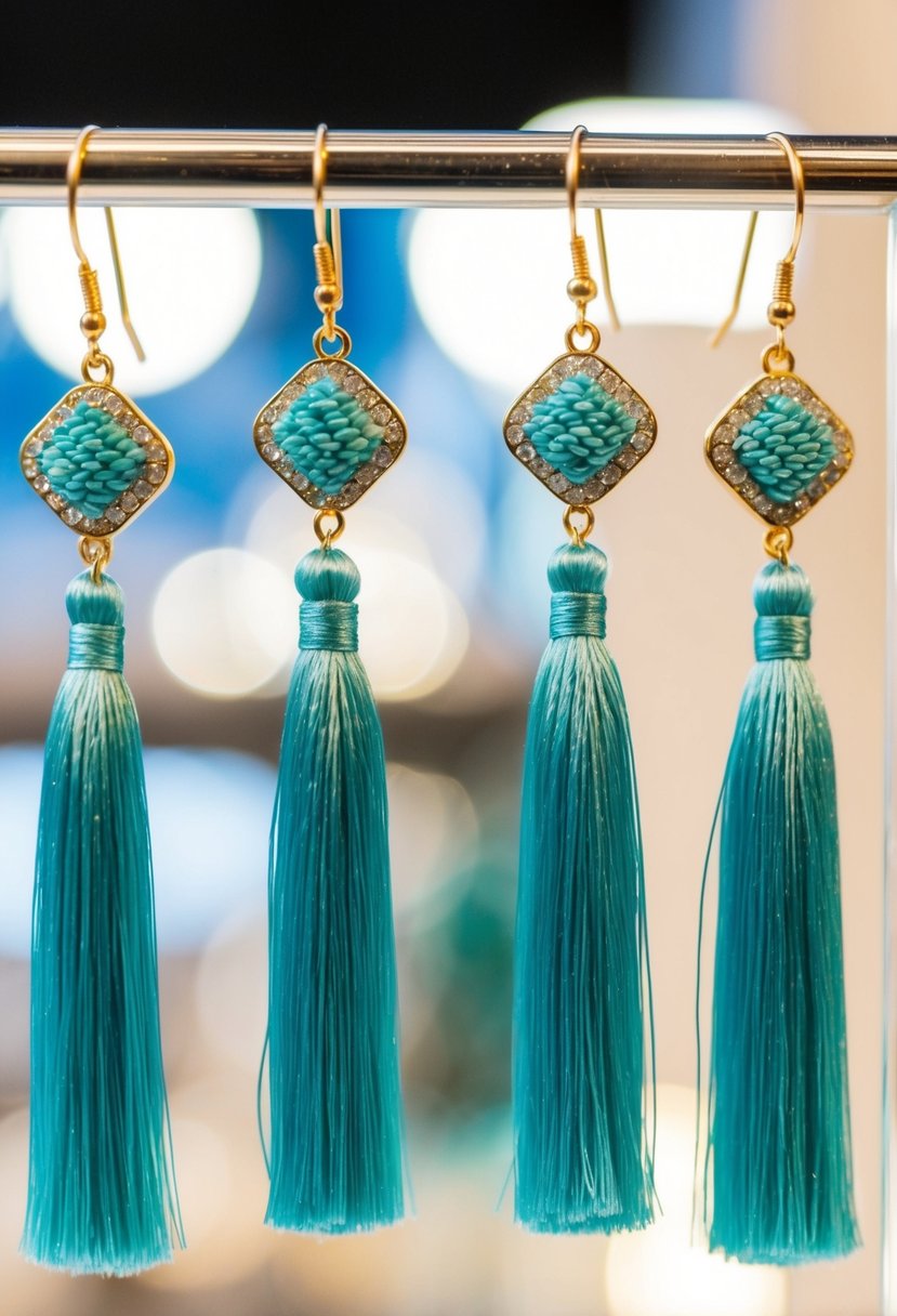 A pair of seafoam blue tassel earrings hang delicately from a display, catching the light with their shimmering threads