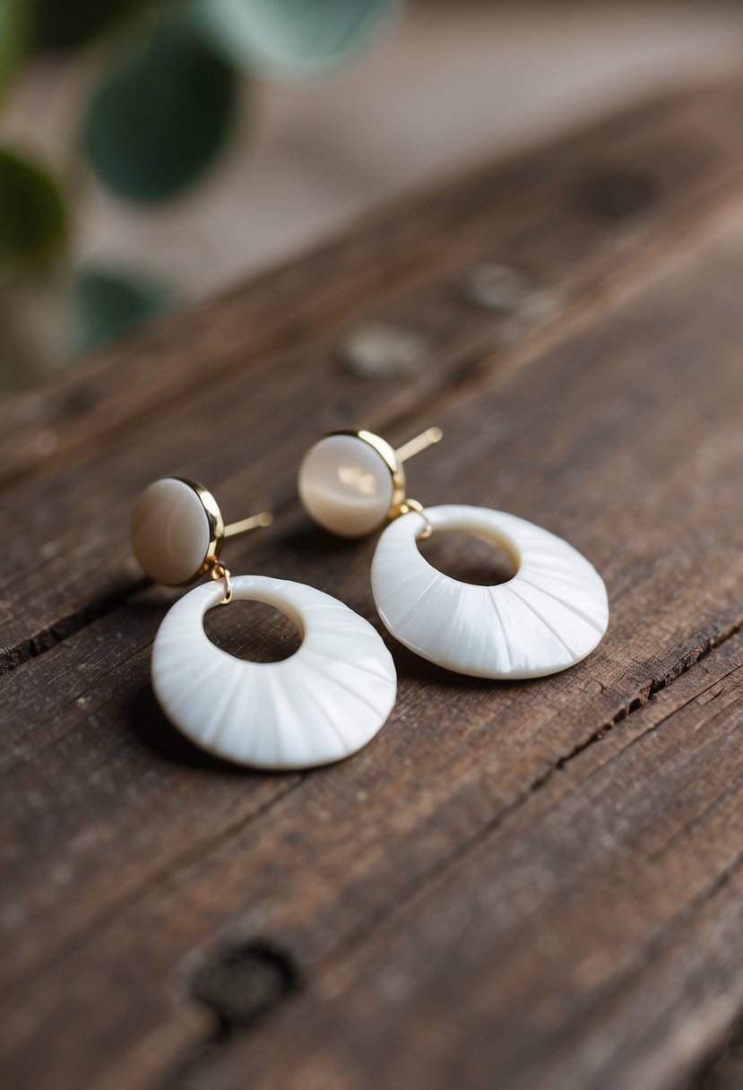 A close-up of bohemian white shell earrings on a rustic wooden surface with soft natural lighting