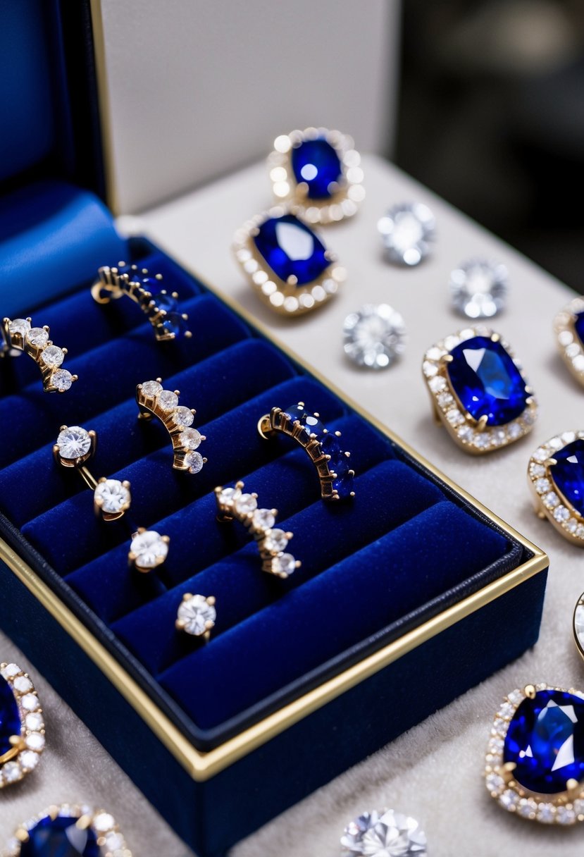 Midnight blue ear climbers arranged on a velvet jewelry display, surrounded by sparkling diamond and sapphire accents