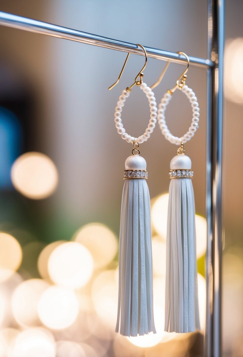 A pair of elegant white tassel earrings hanging from a display, with soft lighting highlighting their delicate details