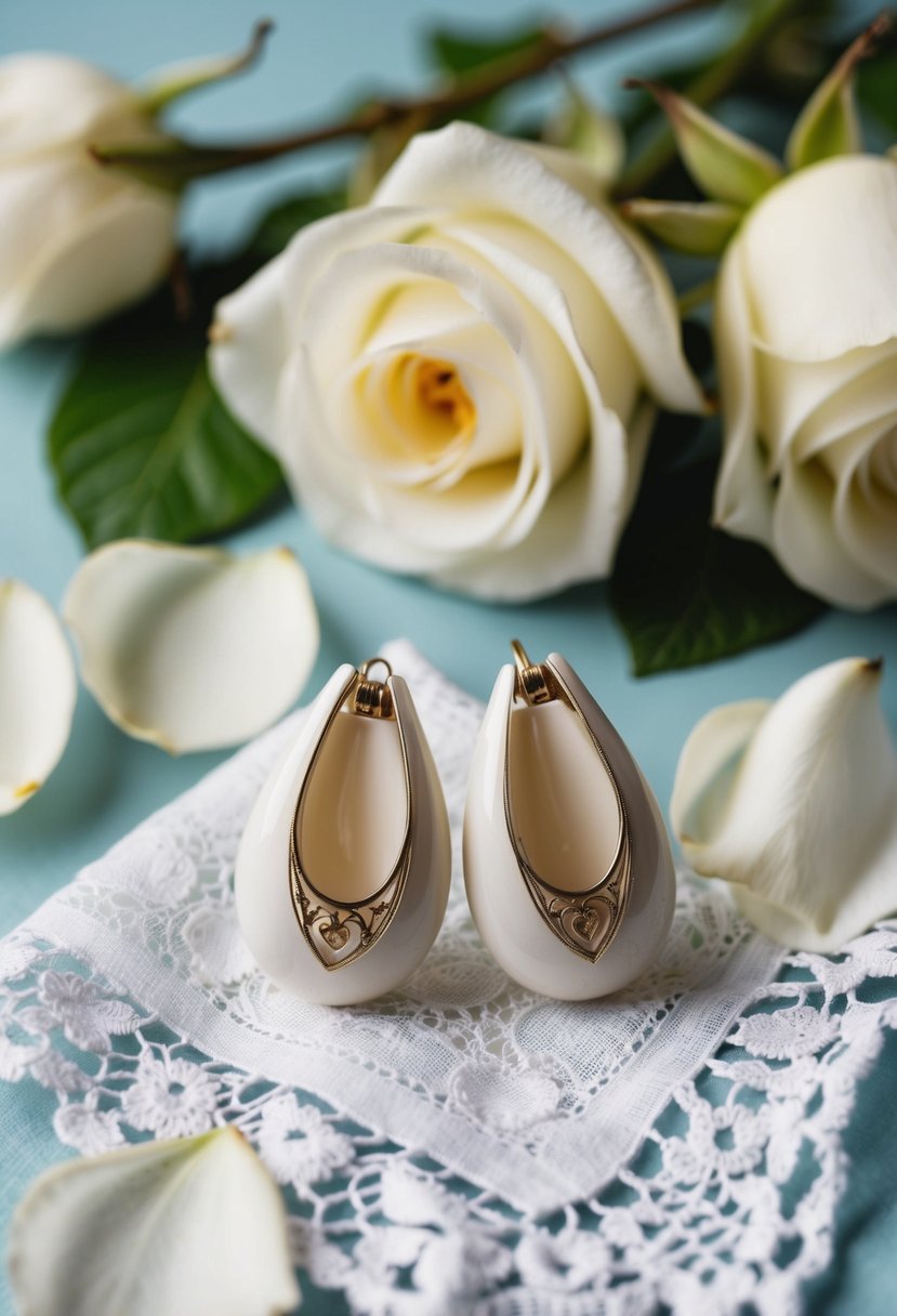 A pair of vintage white clip-on earrings resting on a delicate lace handkerchief, surrounded by soft petals of white roses