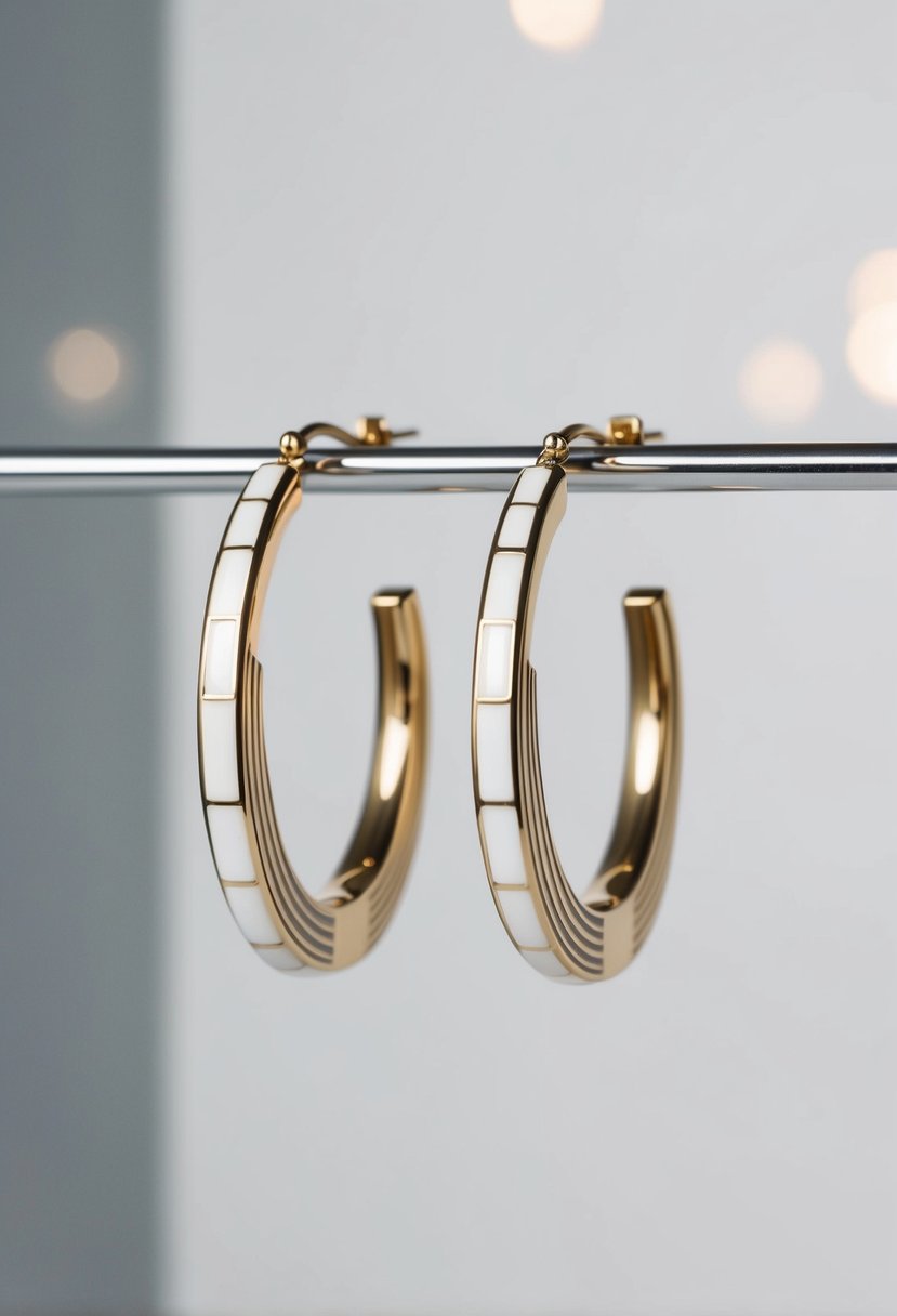 A pair of sleek, white enamel hoops with geometric Art Deco patterns, set against a minimalist background