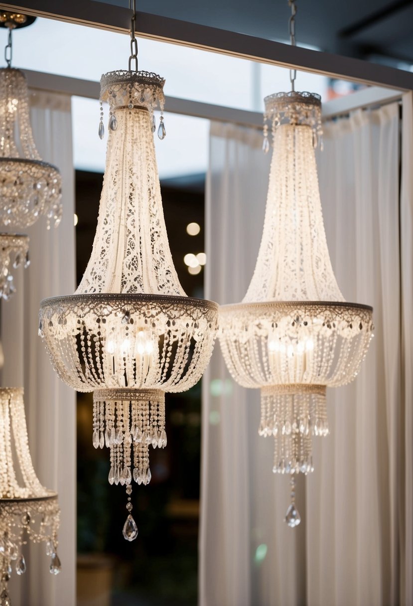 A pair of delicate white lace bridal chandeliers dangle from a display, catching the light and casting intricate patterns on the surrounding fabric