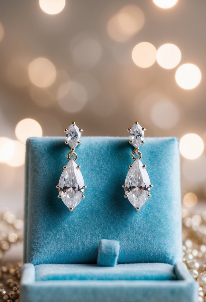 A pair of white marquise cut zirconia drop earrings displayed on a velvet cushion with soft lighting