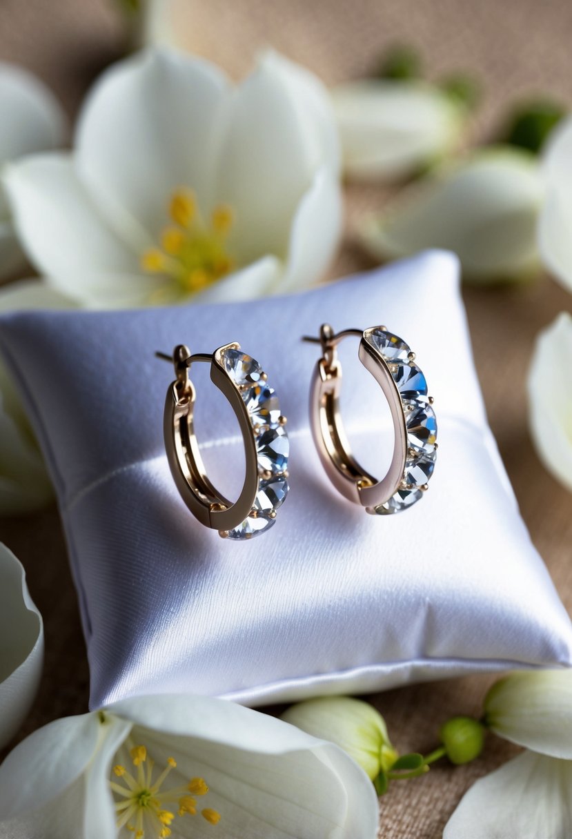 A pair of delicate white Swarovski crystal huggie earrings displayed on a white satin cushion, surrounded by soft white floral petals