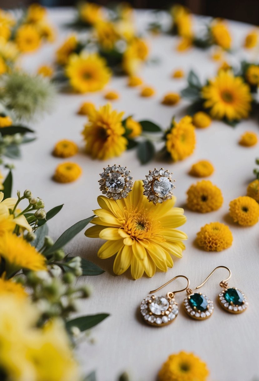 A table scattered with yellow floral and gemstone earring options for a wedding