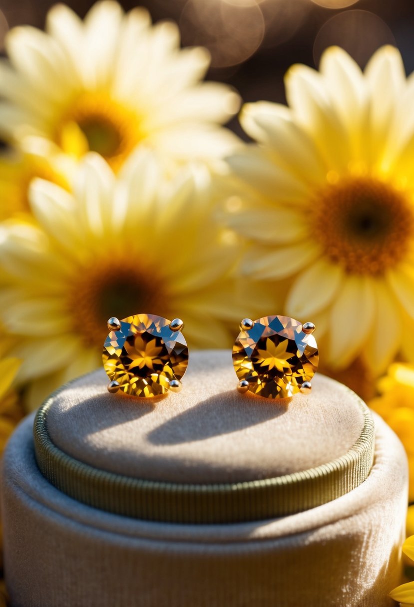 Two sparkling citrine stud earrings displayed on a velvet cushion, surrounded by soft yellow flowers and glowing in warm sunlight