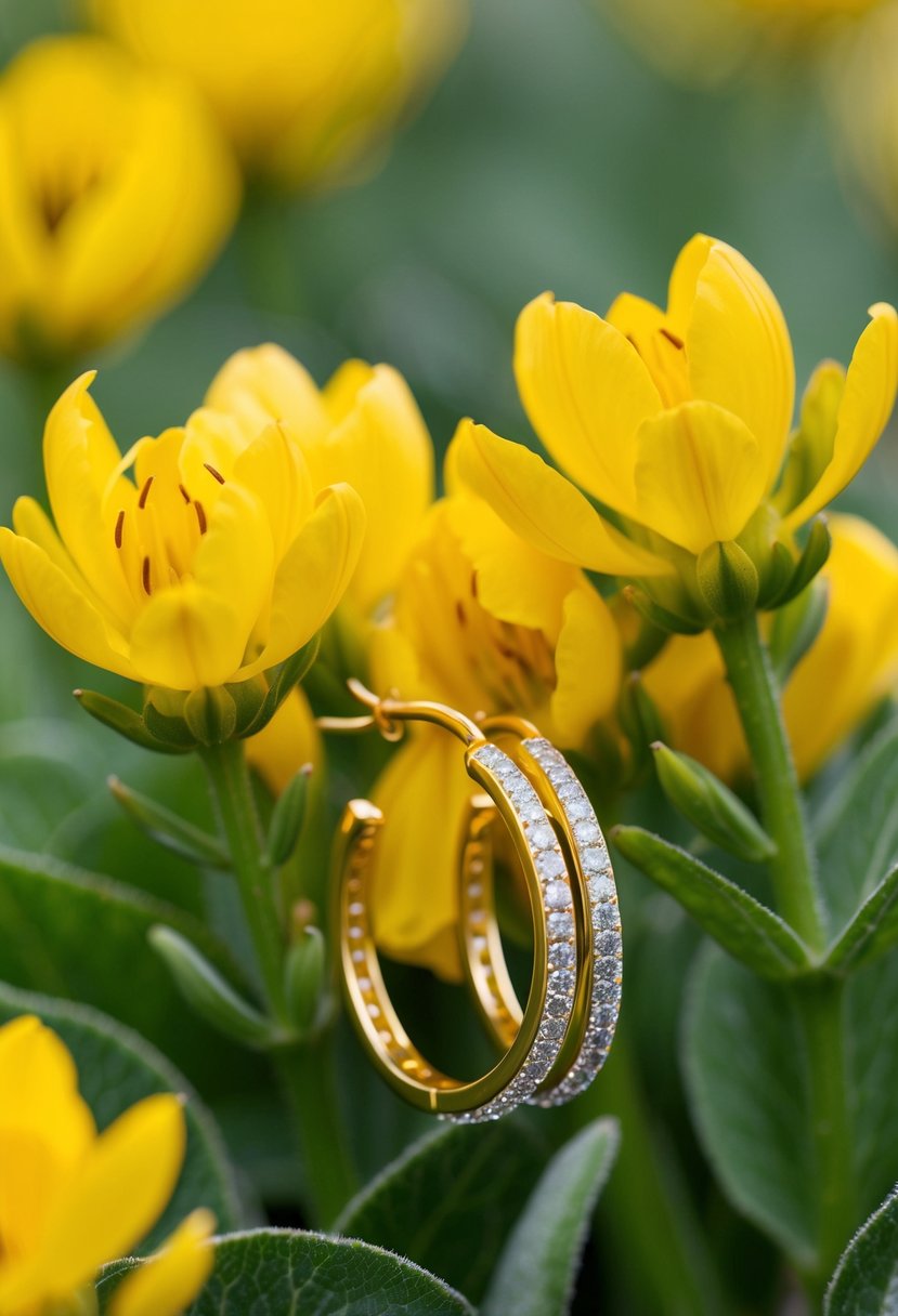 A delicate pair of yellow sapphire hoops nestled among blooming yellow flowers