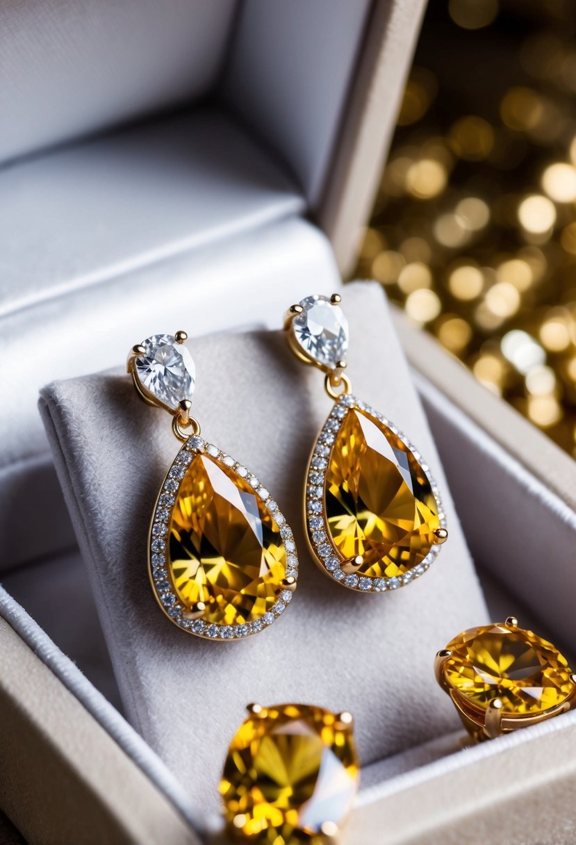 A sparkling pair of canary diamond drop earrings displayed on a velvet cushion in a softly lit jewelry box