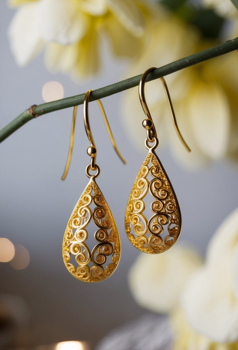 A pair of yellow gold teardrop dangle earrings with intricate filigree details, catching the light in a luxurious and elegant setting