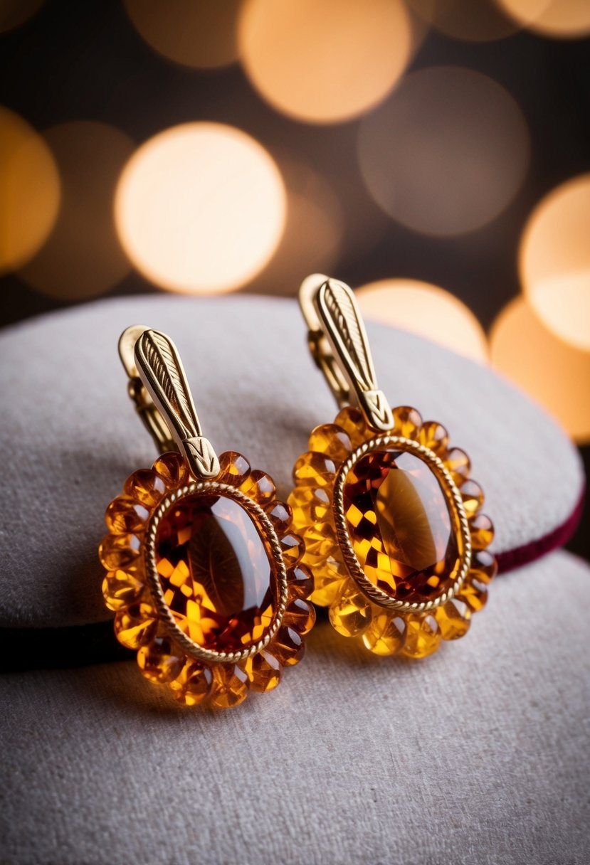 A close-up of a pair of vintage amber clip-on earrings, with intricate details and a warm yellow hue, displayed on a velvet background