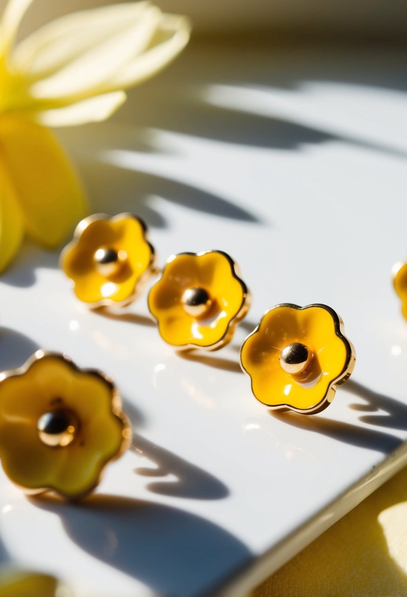 A close-up of yellow enamel flower studs arranged on a white surface, with soft lighting casting gentle shadows