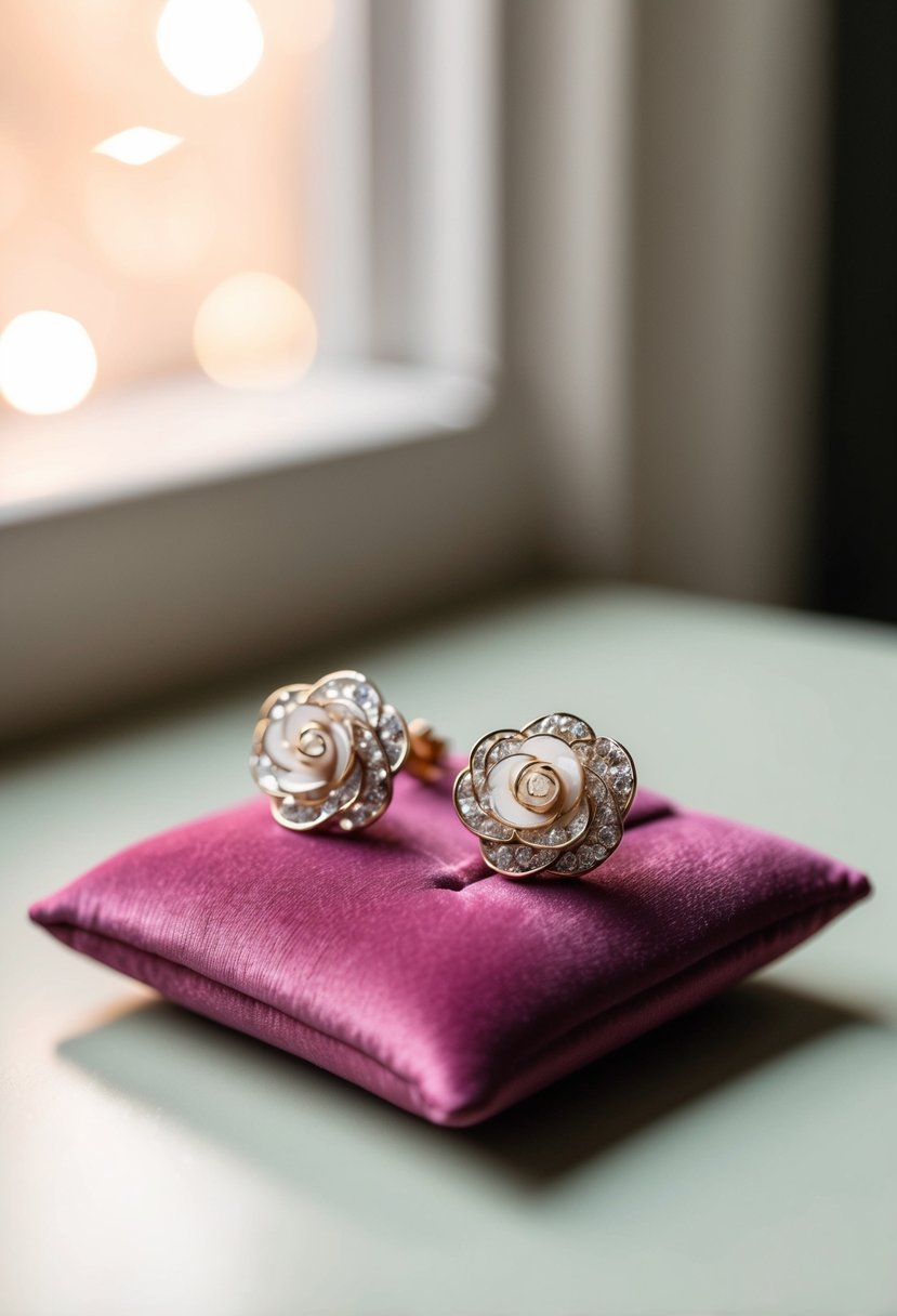 A pair of delicate rose-shaped earrings, adorned with shimmering crystals, are displayed on a velvet cushion in a softly lit room