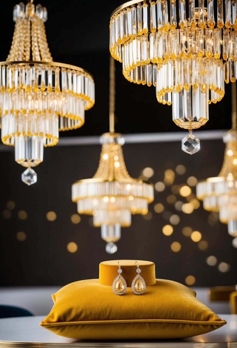 Golden topaz chandeliers hang above a table with yellow wedding earring ideas displayed on a velvet cushion