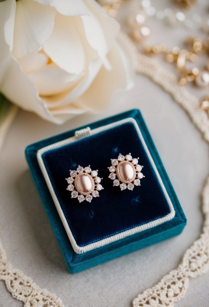 A delicate pair of rose gold vintage halo earrings displayed on a lace-trimmed velvet jewelry box