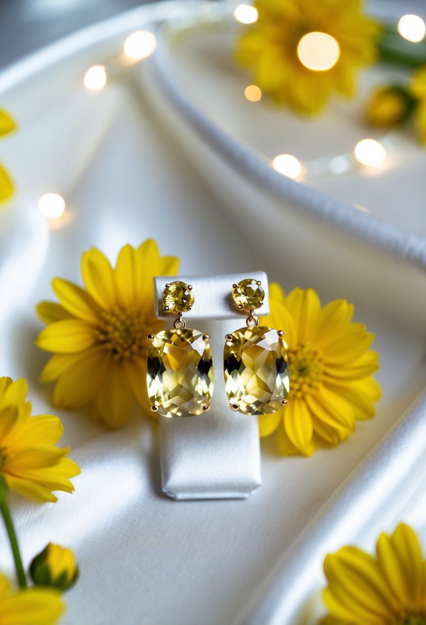 A pair of Lemon Quartz Statement Earrings displayed on a white satin background, surrounded by delicate yellow flowers and sparkling with light