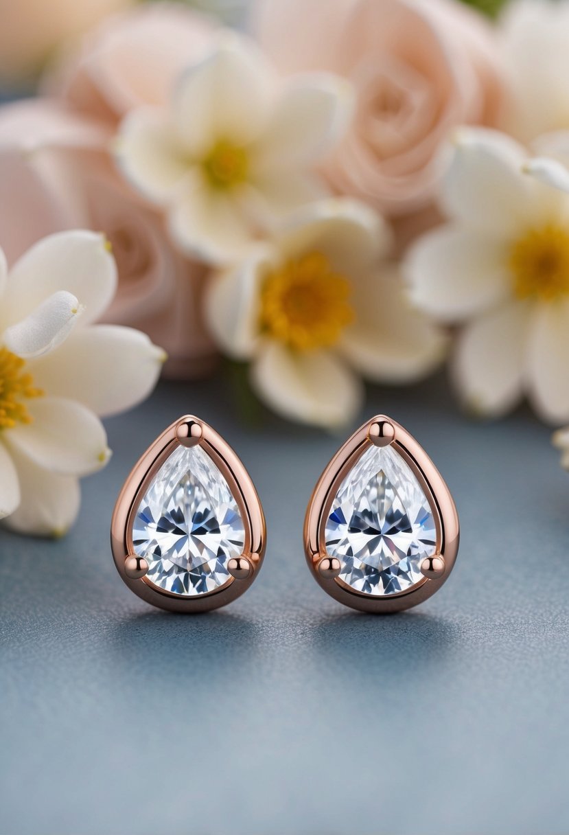 Two teardrop-shaped cubic zirconia studs in rose gold settings, surrounded by delicate floral accents and sparkling with elegance