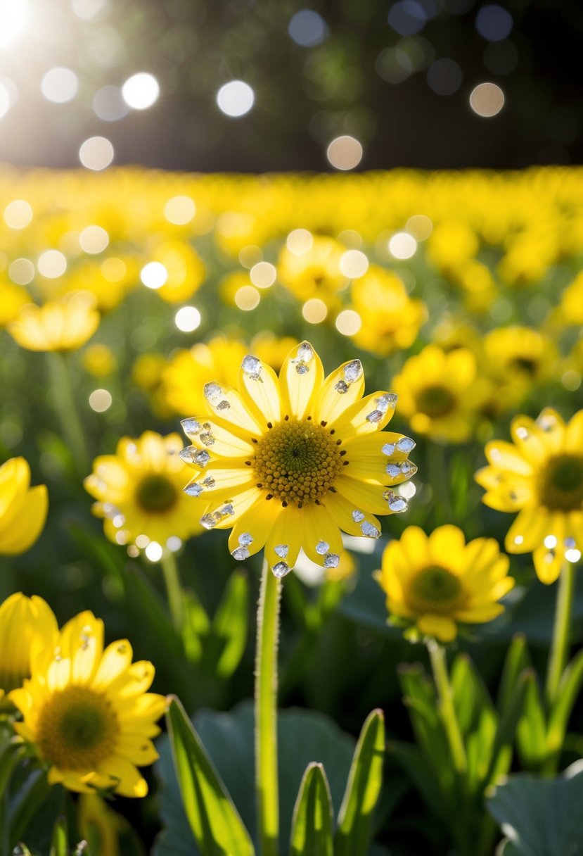 Sunlight glistens on a bed of buttercup flowers, their delicate petals shimmering with crystal accents