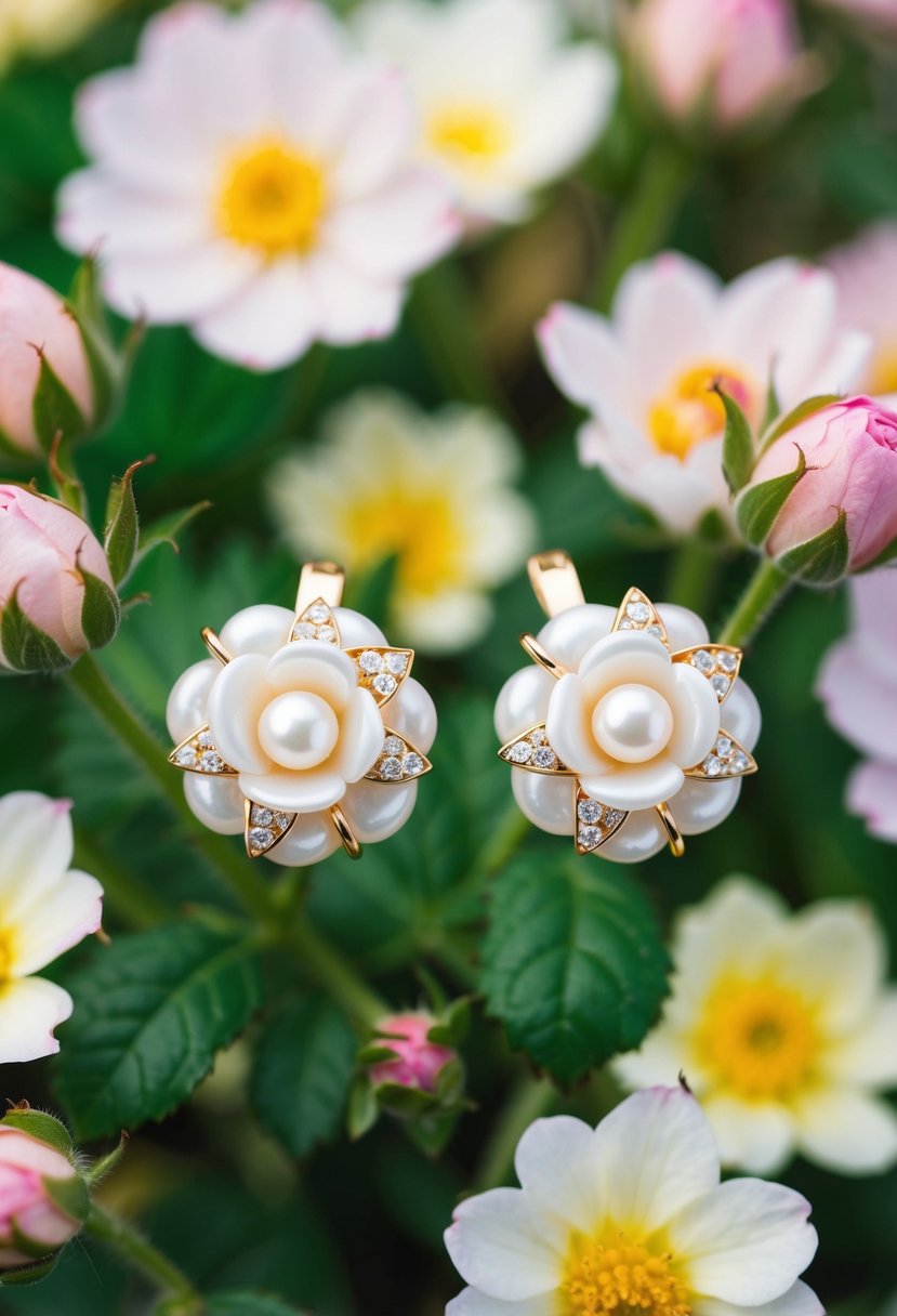 A pair of delicate rose-shaped earrings with pearl accents surrounded by blooming flowers