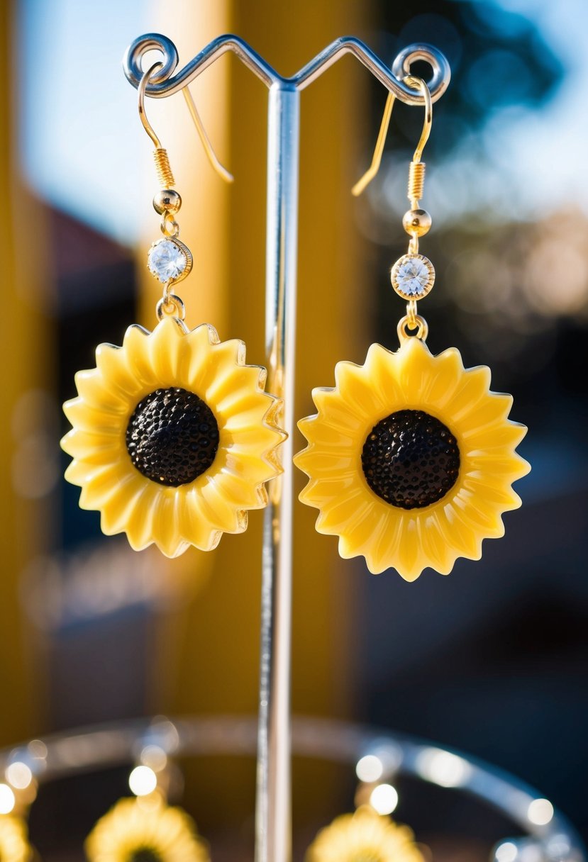 A pair of sunflower-shaped dangle earrings, bright yellow and gleaming in the sunlight, hanging delicately from a display stand