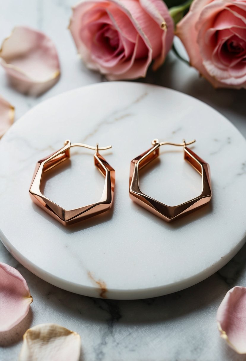 A pair of rose gold geometric hoop earrings displayed on a white marble surface with soft pink rose petals scattered around them