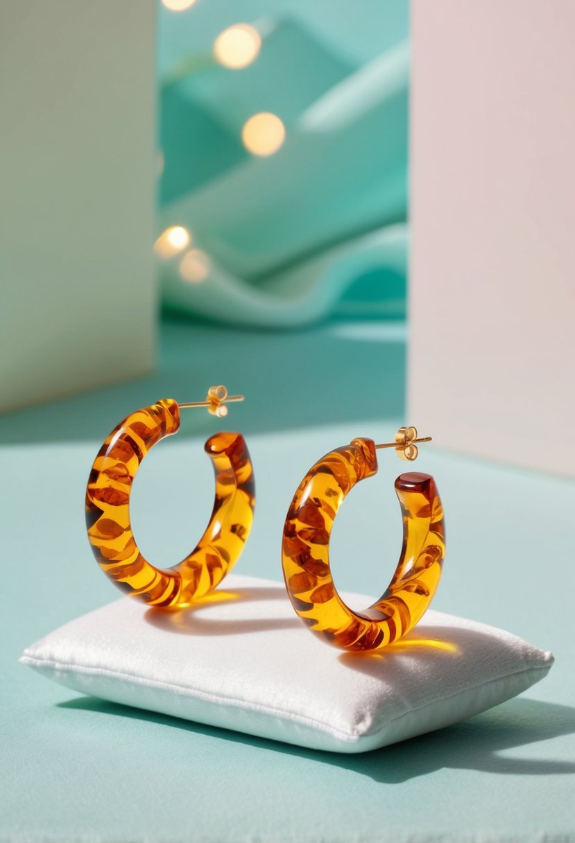 A pair of yellow resin hoop earrings with amber swirls, displayed on a white velvet cushion against a soft pastel background