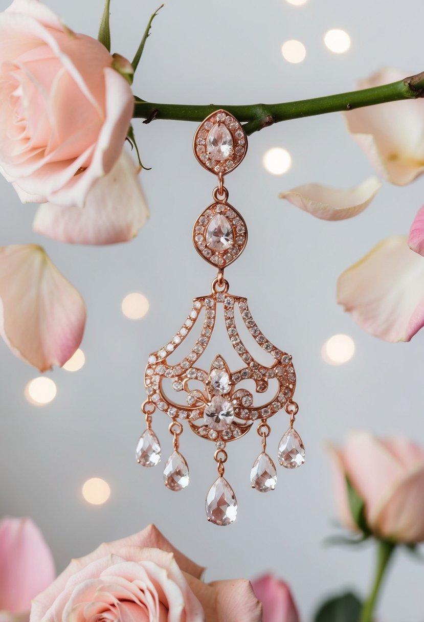 A rose gold chandelier earring dangles from a delicate branch, surrounded by soft rose petals and sparkling crystals