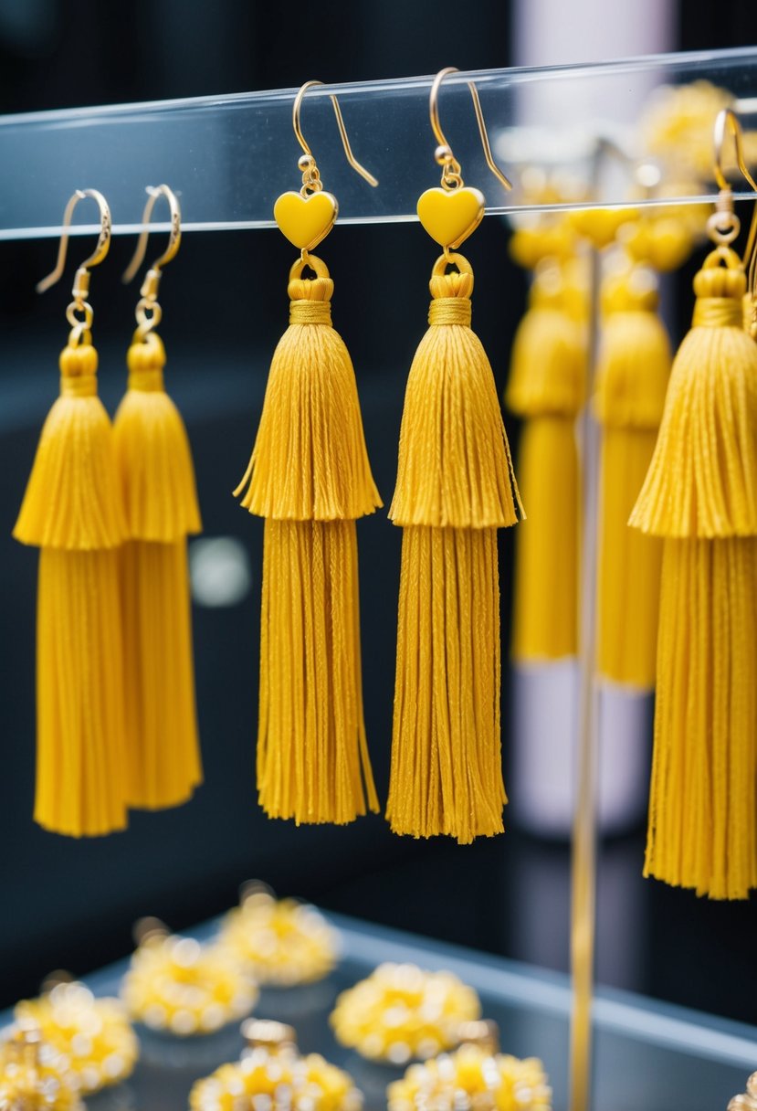 A pair of mustard tassel fringe earrings hanging from a display, surrounded by other yellow wedding earring ideas